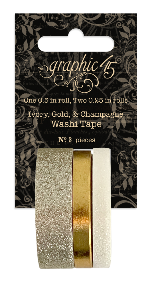 Graphic 45 Glitter & Gloss Washi Tape Ivory, Gold, Champagne