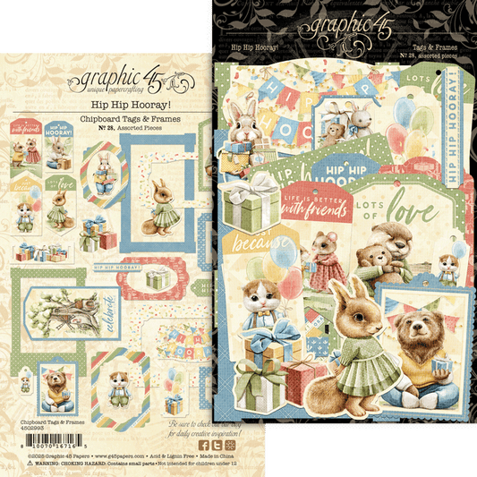 Graphic 45 Hip Hip Hooray! Chip Board Tags & Frames