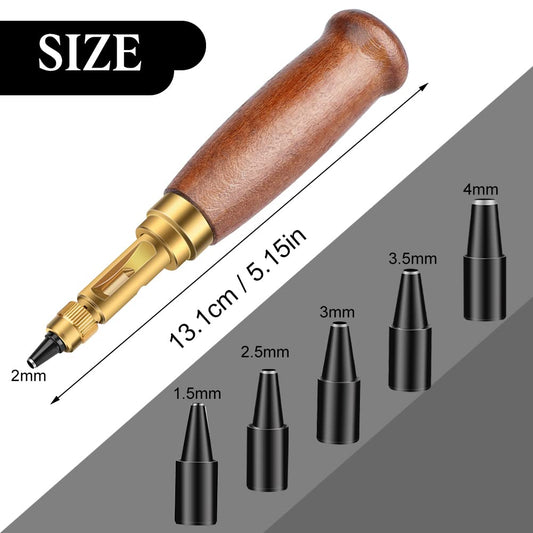 Bookbinding Adjustable Leather Japanese Hole Punching Tool Automatic Puncher with Wooden Handle Hollow Hole Punch with 6 Tips Size (1.5mm/2mm/2.5mm/3mm/3.5mm/4mm)