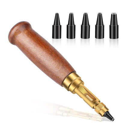 Bookbinding Adjustable Leather Japanese Hole Punching Tool Automatic Puncher with Wooden Handle Hollow Hole Punch with 6 Tips Size (1.5mm/2mm/2.5mm/3mm/3.5mm/4mm)