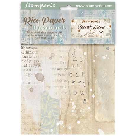 **PRE-ORDER ONLY**  Stamperia Rice Paper Backgrounds A6 8/Pkg - Secret Diary