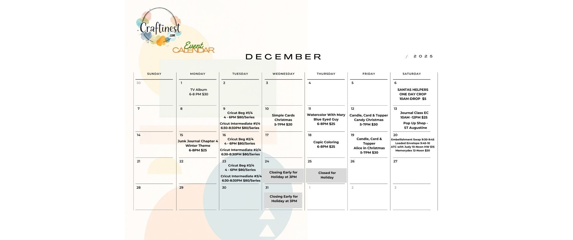 Craftinest December Class Calendar