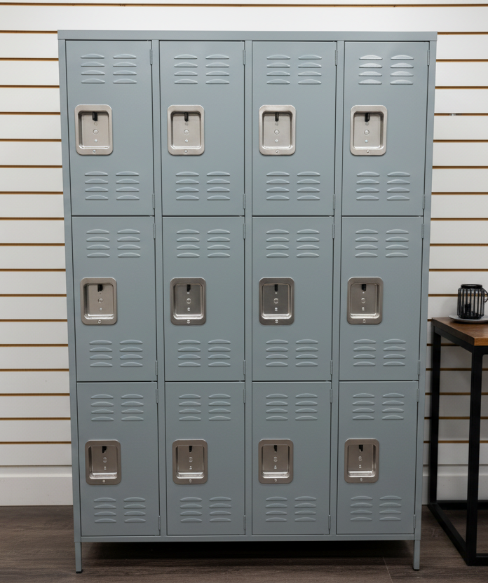 Row of gray lockers with silver handles in a room setting.