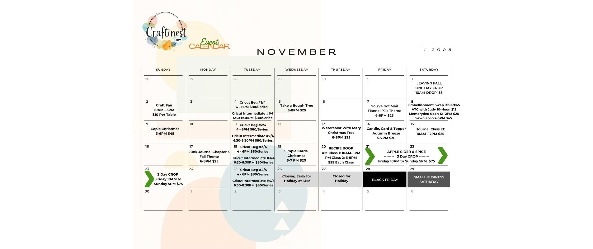 Craftinest November Class Calendar