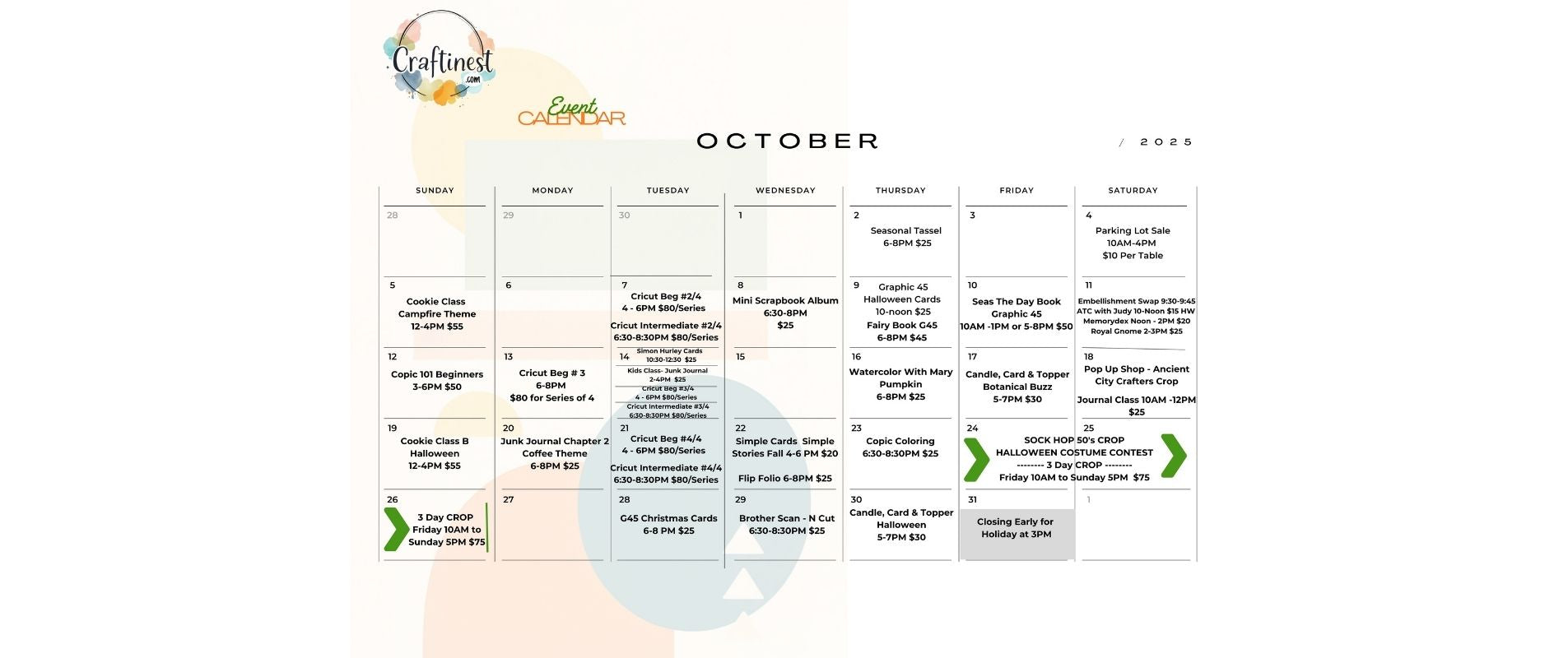 Craftinest October Class Calendar