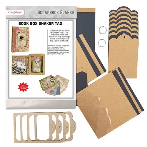 CrafTreat - Scrapbook Blanks - Book Box Shaker Tag- Black And Kraft