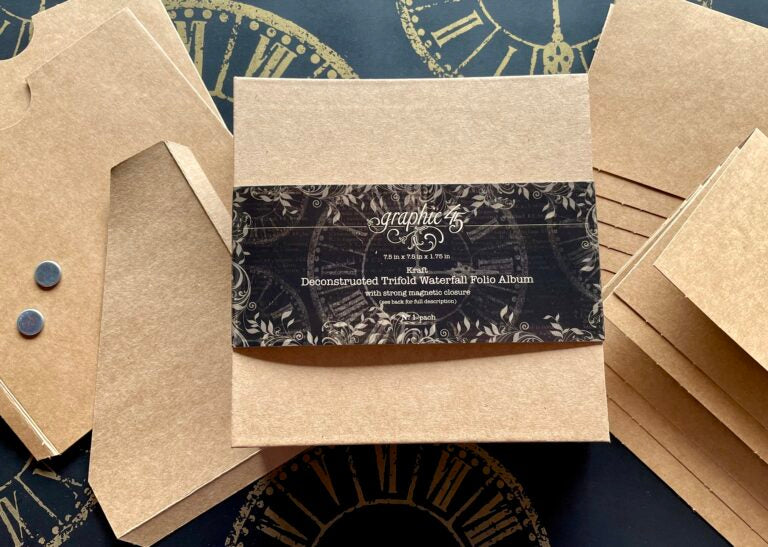 Graphic 45 Staples Trifold Waterfall Folio Album Deconstructed 7.5 X7.5 X1.75